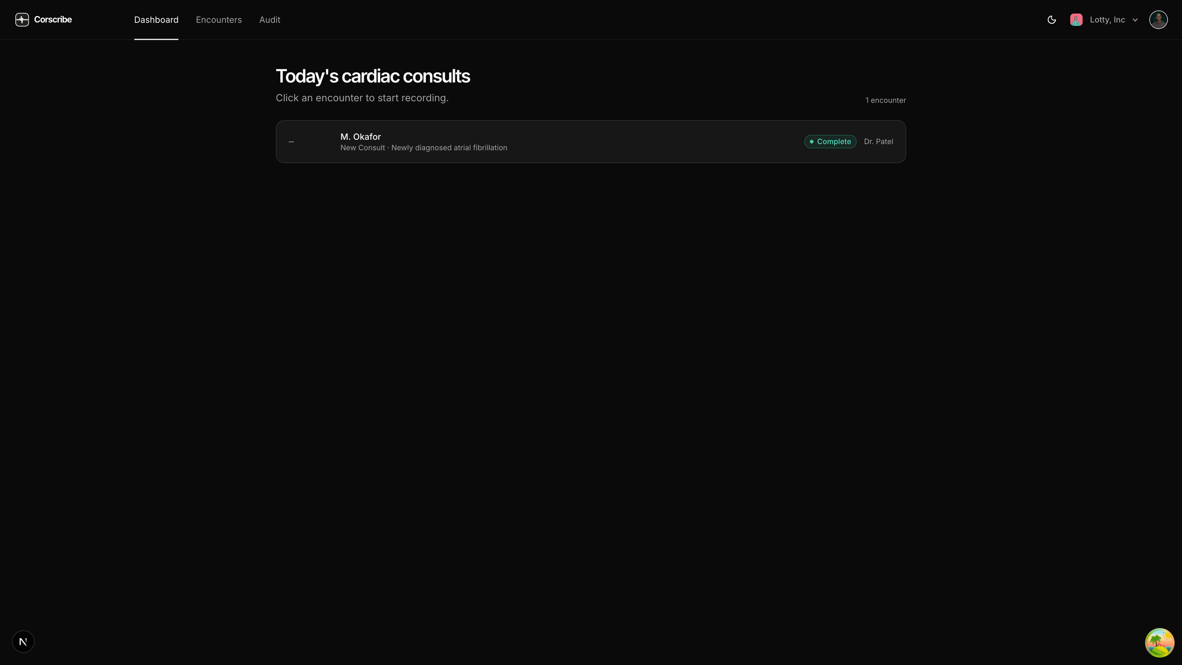 Corscribe clinician dashboard showing today's encounters, recent activity, and quick-start recording controls.