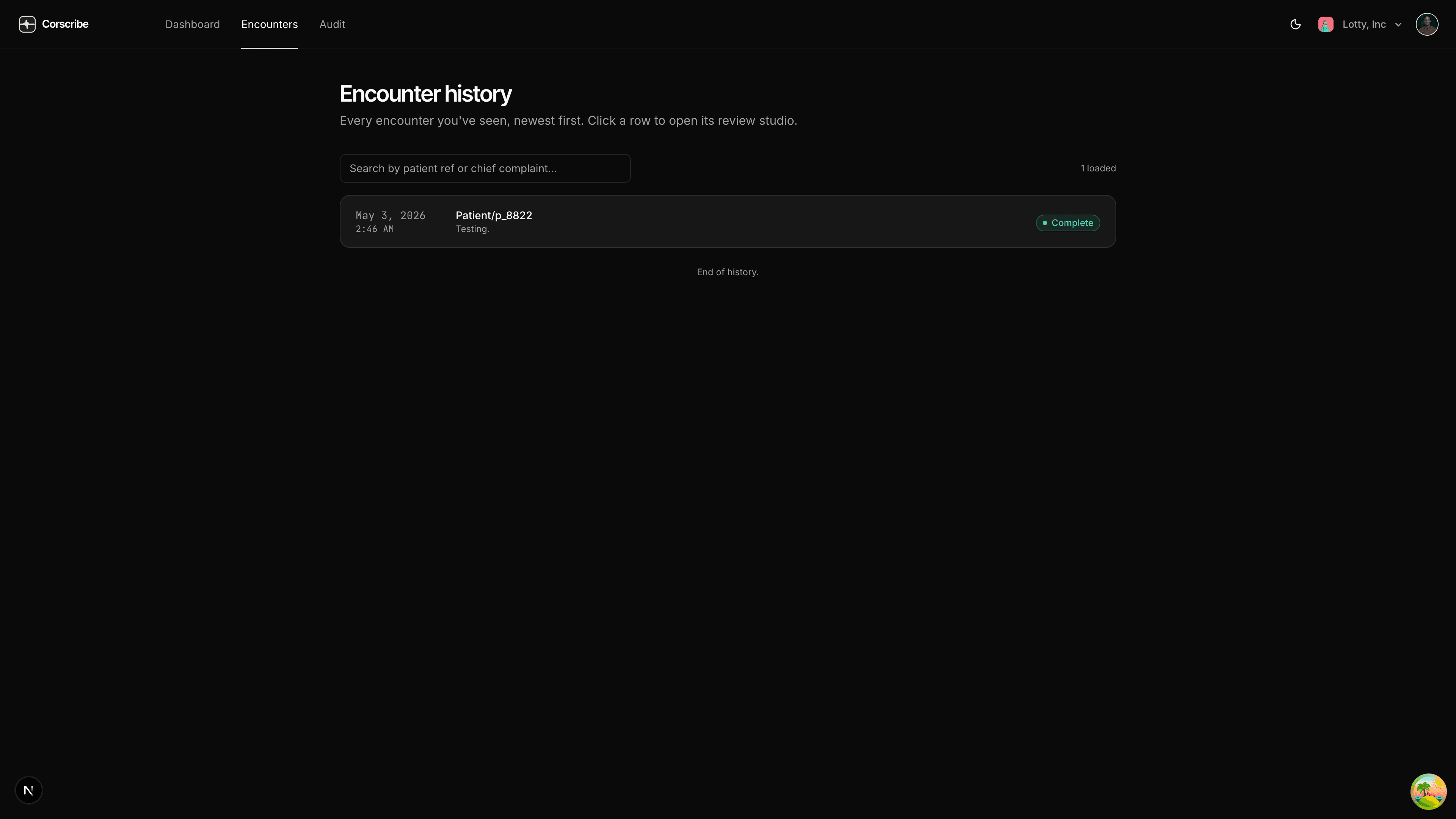 Encounters list view showing patients, encounter dates, status badges, and search and filter controls.